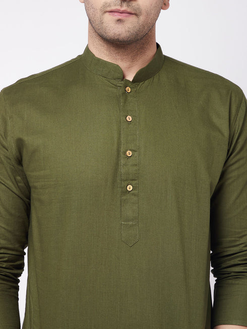 Men's Mehendi Green Solid Cotton Blend Kurta And White  Pyjama Set
